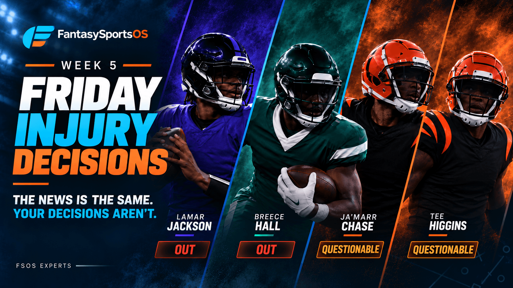 AI-generated football illustration headed “Friday Injury Decisions,” listing Lamar Jackson and Breece Hall as out, and Ja’Marr Chase and Tee Higgins as questionable for Week 5.